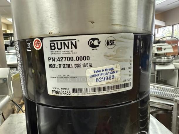 Bunn Digital TF Beverage Server DSG2, 1.5G with stand. Excellent condition, fully tested. Model label and serial number visible.