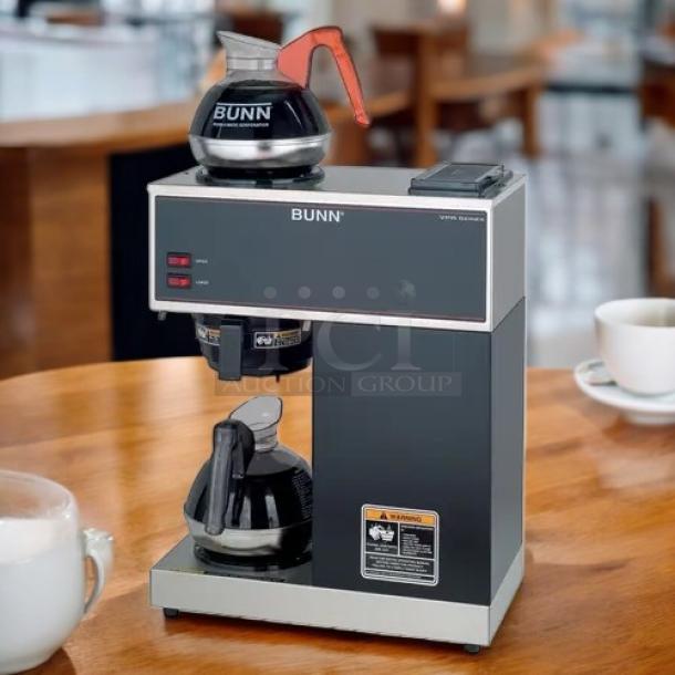 Bunn 33200.0017 VPR Pourover Coffee Brewer, two warmers, fully tested, excellent condition, visible on-off switch, model branding.