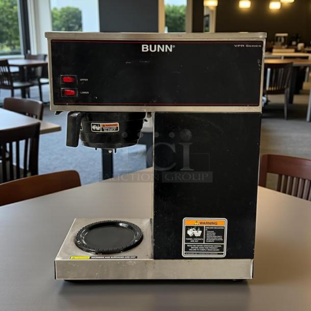 Bunn 33200.0017 VPR Pourover Coffee Brewer, two warmers, tested, working, excellent condition, visible warning labels.