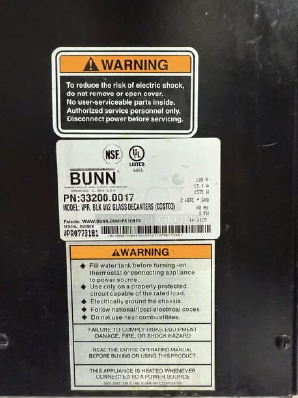 Bunn 33200.0017 VPR Coffee Brewer tag showing model, safety warnings, and specifications.