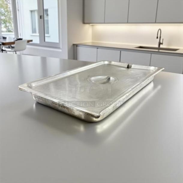 Full-size 2" deep stainless steel hotel pan with lid in great condition, on a kitchen counter.