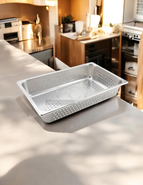 Full-size 4" deep stainless steel hotel pan strainer with lid, excellent condition, perforated design for efficient draining.