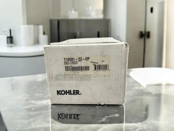 Brand new Kohler K-TS10581-4-CP Bancroft shower trim set in box, polished chrome, labeled with model details.