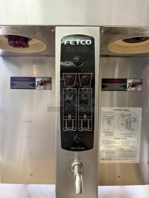 Fetco CBS-2032E twin coffee brewer, stainless steel, excellent condition, fully tested, control panel with 240v label.