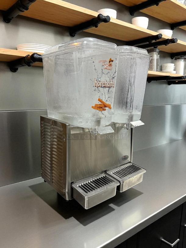 Crathco D25-3 Bubbler Series double 5-gallon stainless steel beverage dispenser, classic design, used.
