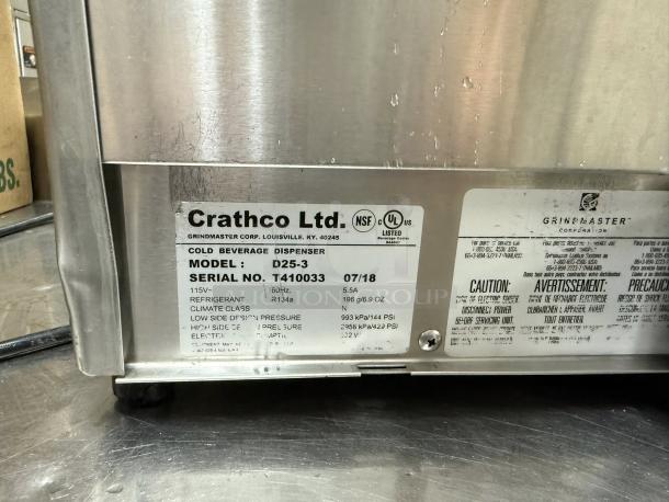 Crathco D25-3 Classic Bubbler double 5-gallon beverage dispenser, stainless steel, model label with serial number T410033.