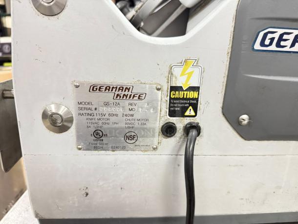 German Knife GS-12A food slicer, heavy-duty, 115V, tested and working, NSF certified, visible caution label.