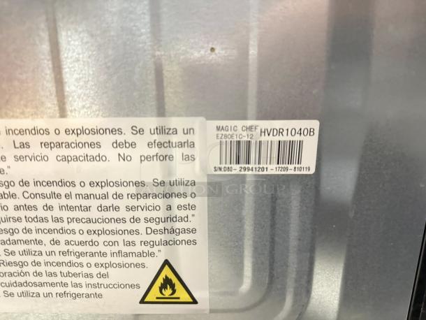 Magic Chef mini fridge label showing model HVDR1040B, serial number, and safety warnings for explosive risk.
