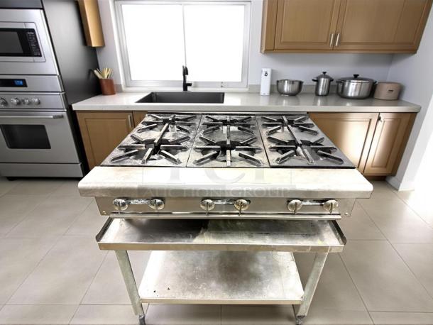 Imperial IHPA-6-36 36" commercial gas hotplate, 6-burner, excellent condition, tested, stainless steel, knob controls.