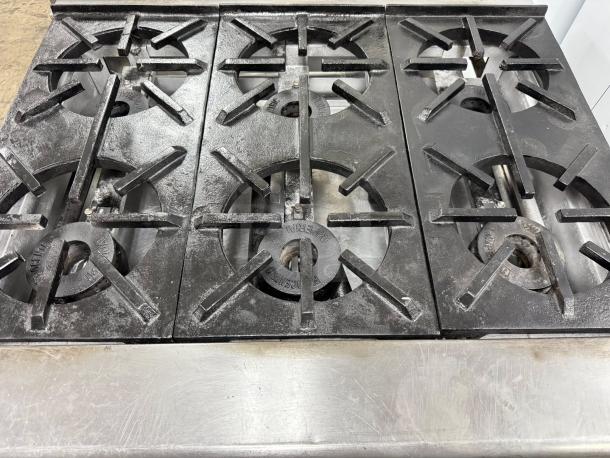 Imperial IHPA-6-36 36" commercial gas hotplate, six burners, excellent condition, tested, working, durable cast-iron grates.