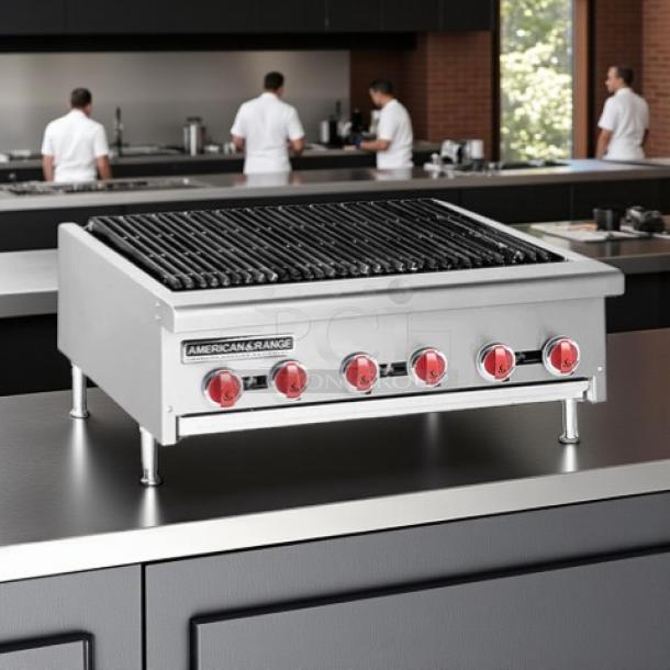 American Range AERB-36 36" countertop gas charbroiler, new condition, stainless steel, with red control knobs.