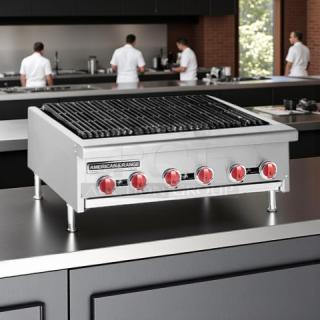 American Range AERB-36 36" countertop gas charbroiler, new condition, stainless steel, with red control knobs.