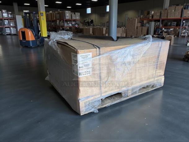 American Range Model AERB-36 gas charbroiler in packaging, new condition, labeled for working, on wooden pallet.