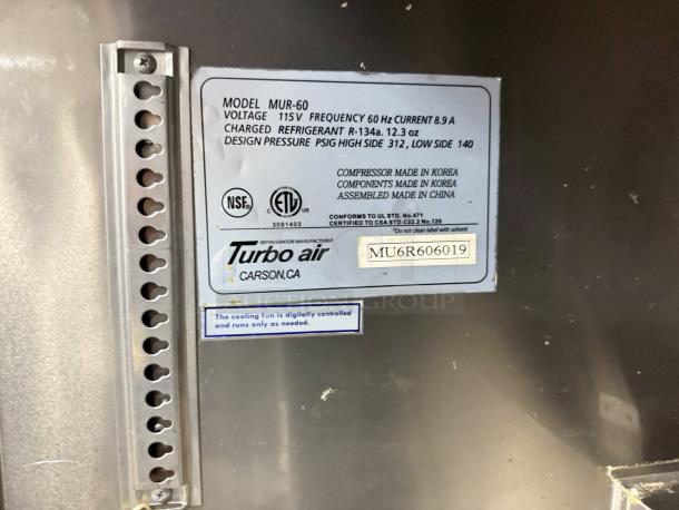 Turbo Air MUR-60 label showing 115V, 60Hz, 8.9A, R-134a refrigerant, and manufacturing details.
