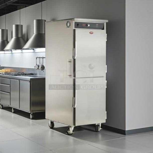 FWE UHST-13-OTB 13 Tray Heated Meal Delivery Cart in excellent condition, with stainless steel finish and caster wheels.
