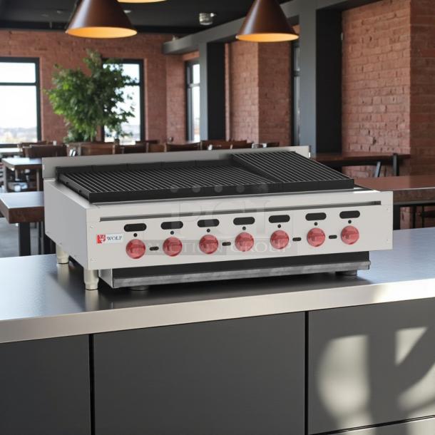 Wolf ACB36 36" gas charbroiler with six burners, cast iron grates, natural gas, tested and working condition.