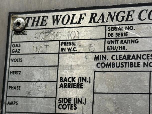 Label of Wolf ACB36 Gas Charbroiler, showing natural gas type and model ACB36-101, pressure 5 in W.C.