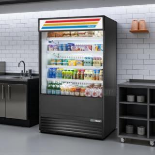 True TAC-48 vertical air curtain merchandiser display, 34 cu. ft., black, in great condition, with visible branding and shelving.