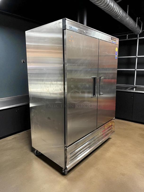 Everest EBR2 54-1/8" two-door stainless steel reach-in refrigerator in great condition, 50 cubic feet, NSF certified.