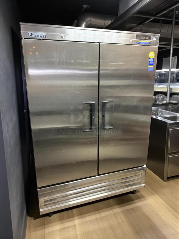 Everest EBR2 two-door upright reach-in refrigerator, 54-1/8', 50-cu ft, stainless steel, NSF certified, great condition.