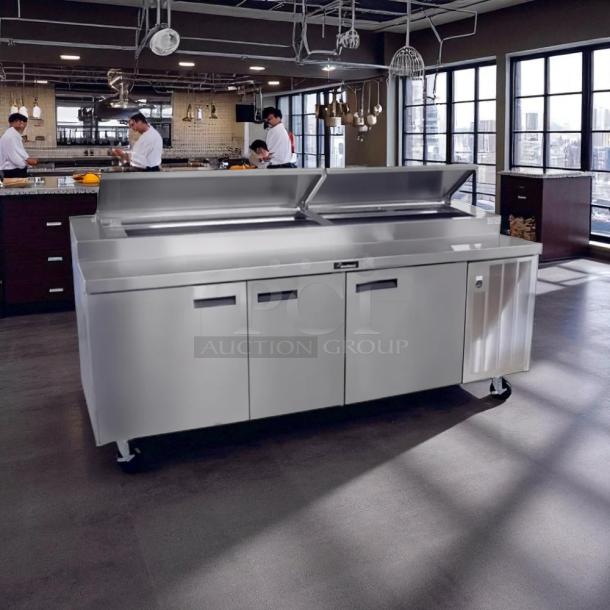 Delfield 000-20191PTC 91in 3-door refrigerated pizza prep table on casters, in great condition. Tested and working.