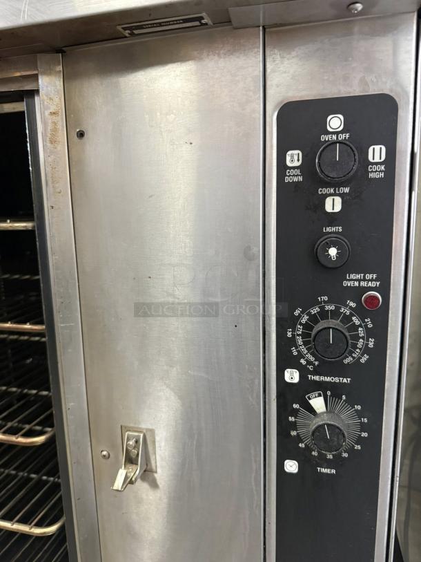 Blodgett AC500 Nat Gas Convection Oven, double stacked, stainless steel, tested & working, control panel visible.