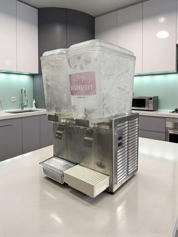 Crathco D25-3 beverage dispenser, double 5-gallon bowls, stainless steel, tested working, clear labels, 115v.