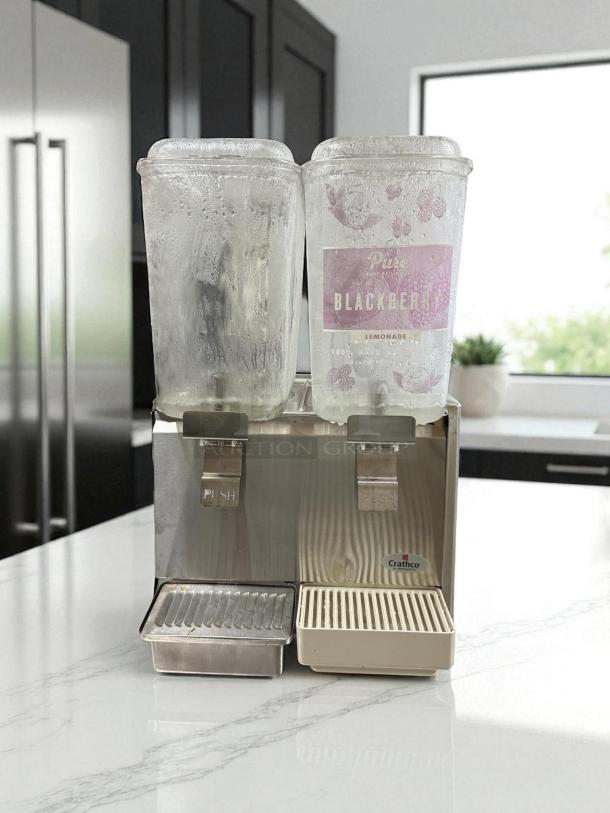 Crathco D25-3 double 5-gallon stainless steel beverage dispenser, tested and working, with dual clear bowls.