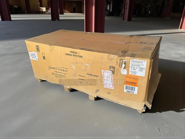 New Henny Penny HHC-900 Holding Cabinet, in box. Features: insulated stainless steel, SimpleHold controls, 120V, model labels visible.
