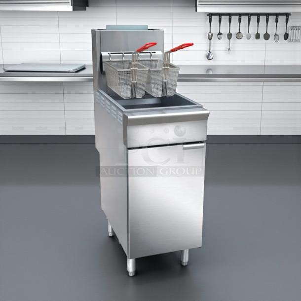 Black Diamond BDGF-ES35/NG gas fryer, 35 lb vat, floor model, natural gas, new condition, with dual baskets.