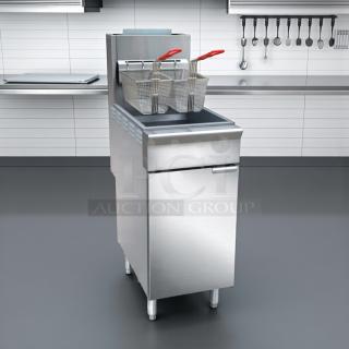 Black Diamond BDGF-ES35/NG gas fryer, 35 lb vat, floor model, natural gas, new condition, with dual baskets.