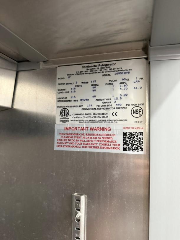 Continental 1FN freezer label showing model, power specs, refrigerant type R404A, and maintenance warning.