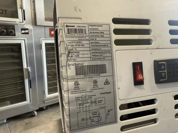 Omcan RS-CN-0042-S sushi showcase, 42L capacity, tested, working. Features labels with specs and controls visible.