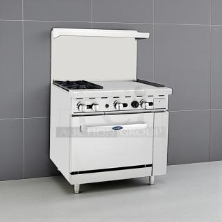 Atosa AGR-2B24GR 36" CookRite gas range, 2 burners, 24" griddle, great condition, tested, working, model ACR-2B24GR.