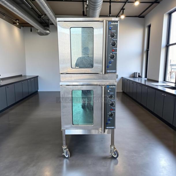 Turbo Fan E32MS double convection oven, half size, 208V, 1 phase, stainless steel, in excellent condition, on castor wheels.