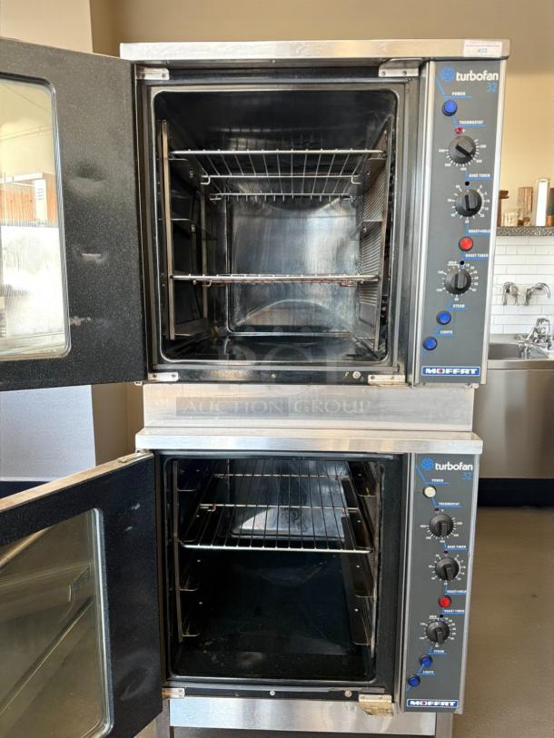Turbo Fan E32MS half-size double convection oven, great condition, tested and working, 208V, 1 Phase, visible controls and interior.