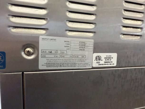 Turbo Fan E32MS convection oven, great condition, 208V, 1 phase, ETL listed, tested, working, model/serial tags visible.