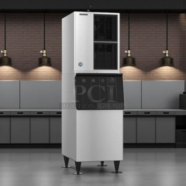 Hoshizaki KM-500MAH ice machine, 500 lb capacity, with 300 lb storage. Tested, working condition. Model label visible.