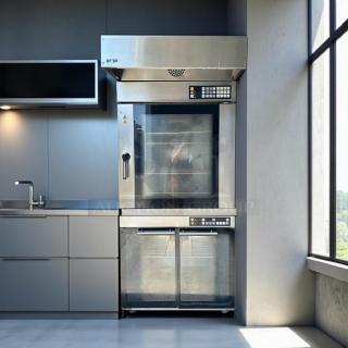 MIWE aero e+ Model EC 8.1826 electric convection oven, stainless steel, tested working, 208V 3PH, front view in kitchen.