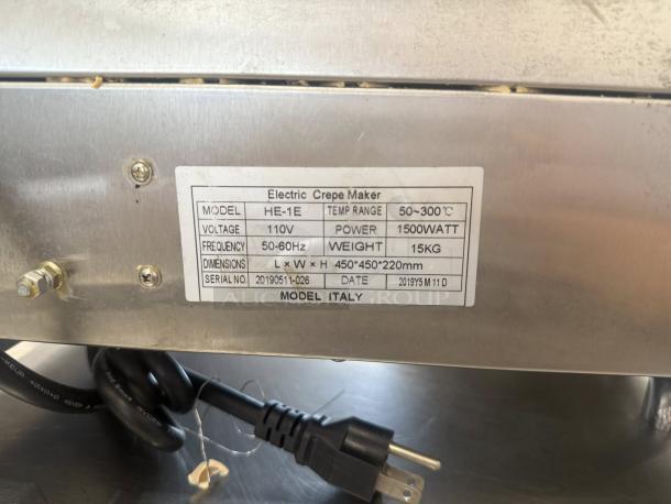 Italy Model HE-1E Electric Crepe Maker, 17.7", 115v, 1500w, great condition, tested, working; label shows technical details.