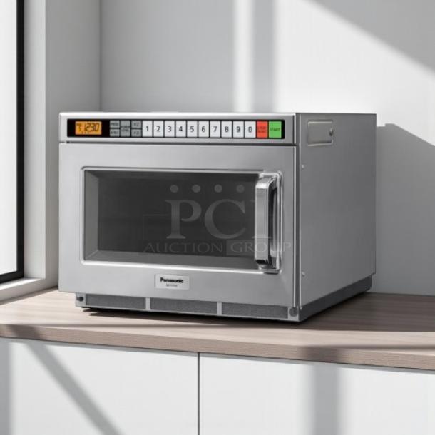 Panasonic NE-17723 1700W commercial microwave oven, stainless steel, 3-stage cooking, good condition, tested, working.