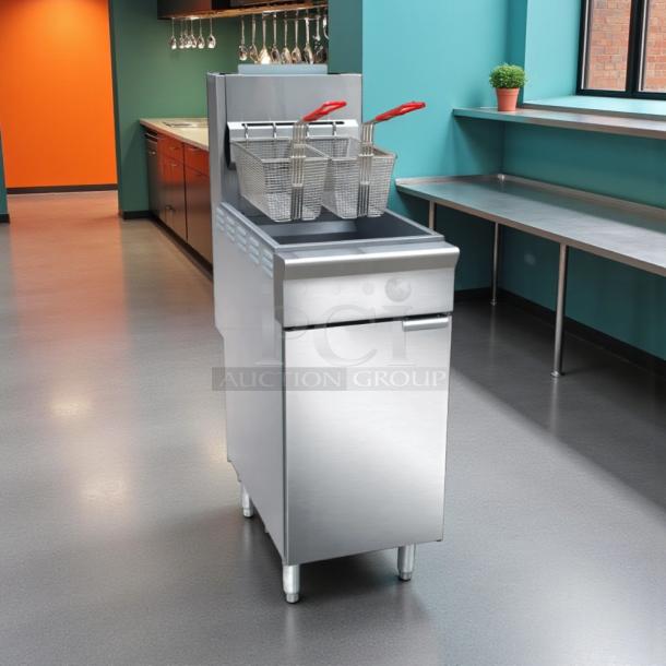 New Black Diamond BDGF-ES35/NG gas fryer, 35 lb vat, floor model, stainless steel, natural gas, unused.