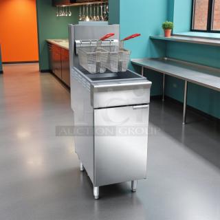 New Black Diamond BDGF-ES35/NG gas fryer, 35 lb vat, floor model, stainless steel, natural gas, unused.