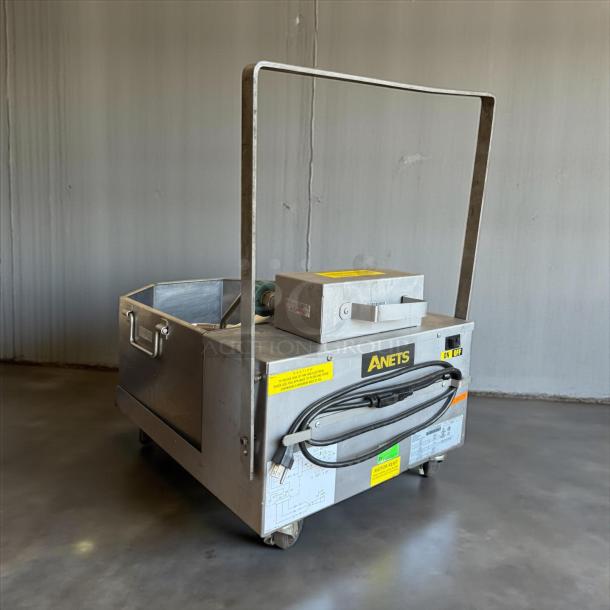 Anets FFM80 80 lb commercial fryer filter, gravity model, great condition, tested, working, with visible labels and markings.