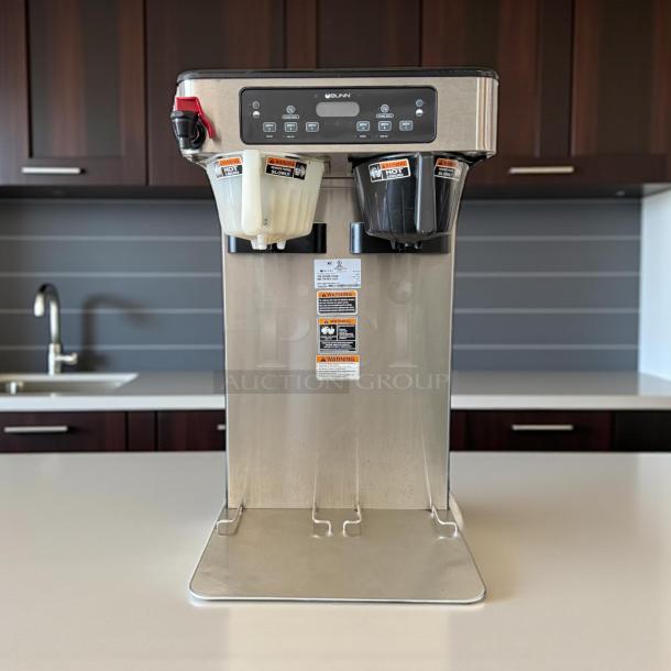 Bunn ITCB TWIN HV brewer, dual-sided coffee/tea function, stainless steel, tested working, visible warning labels.