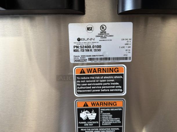 Bunn ITCB TWIN HV brewer, 120/240V, NSF/UL listed, model 54100.0100, tested working. Features warning labels for safety.