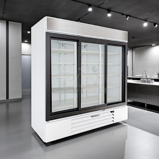 Beverage Air MMR66HC-1-W refrigerated merchandiser, 75" white, sliding glass doors, LED lighting, excellent condition.
