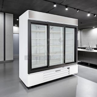 Beverage Air MMR66HC-1-W refrigerated merchandiser, 75" white, sliding glass doors, LED lighting, excellent condition.