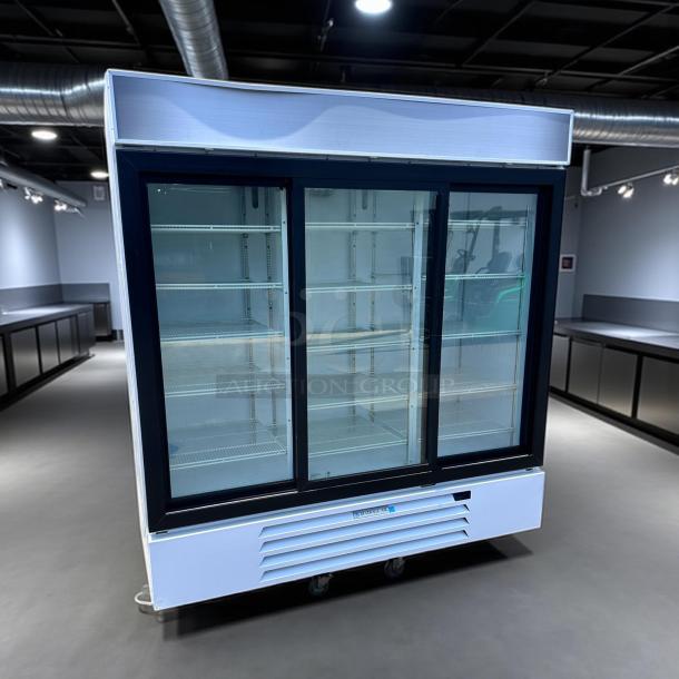 Beverage Air MMR66HC-1-W refrigerated merchandiser, 75", white, sliding glass doors, LED lighting, excellent condition.