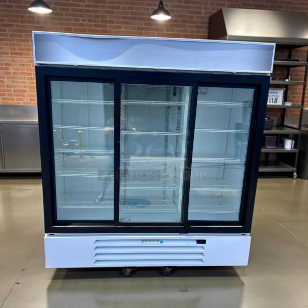 Beverage Air Model MMR66HC-1-W merchandiser, 75" with sliding glass doors, LED lighting, tested working, white, like new.